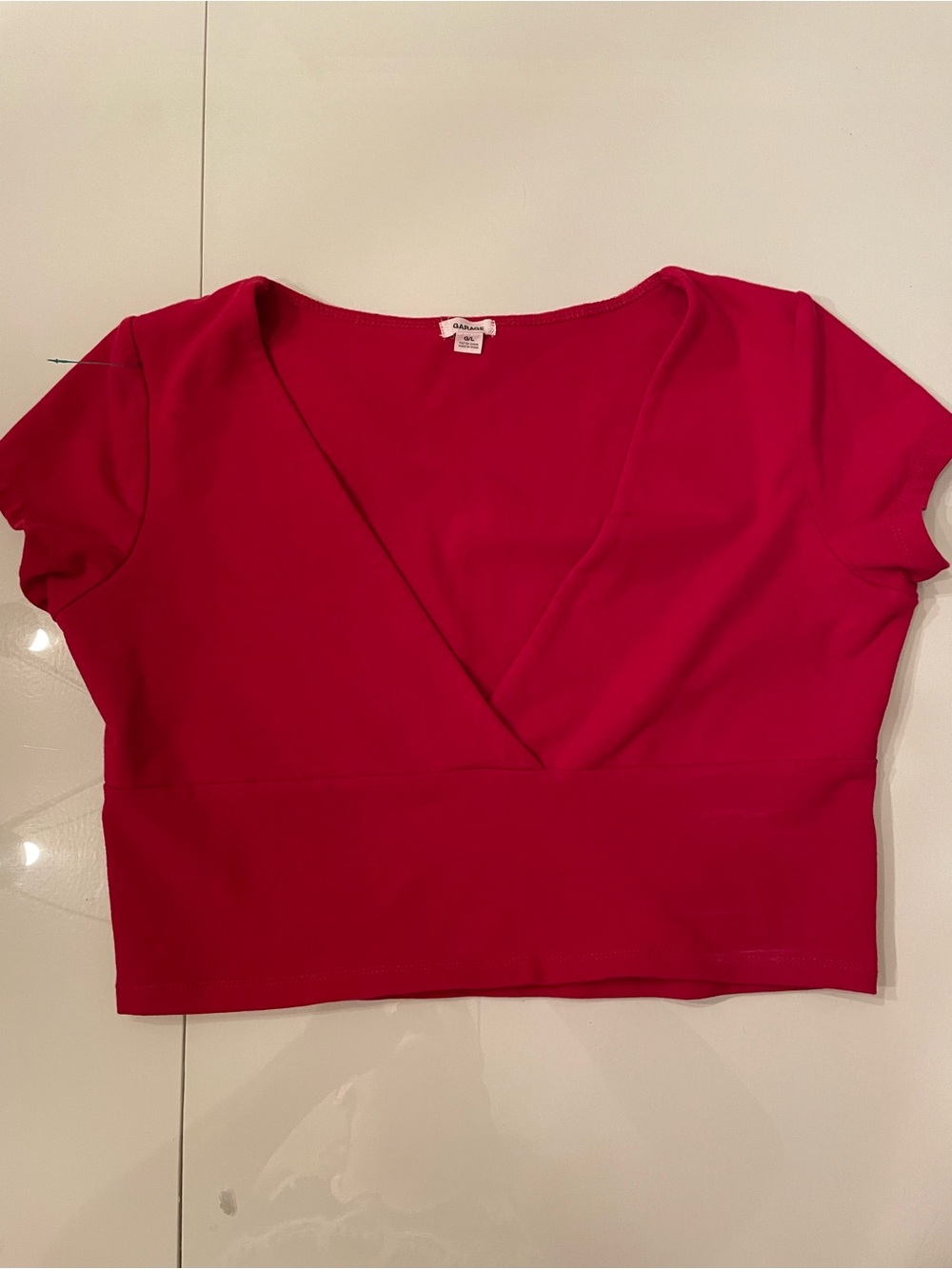 Garage Fuchsia V-Neck Short Sleeve Crop Top
